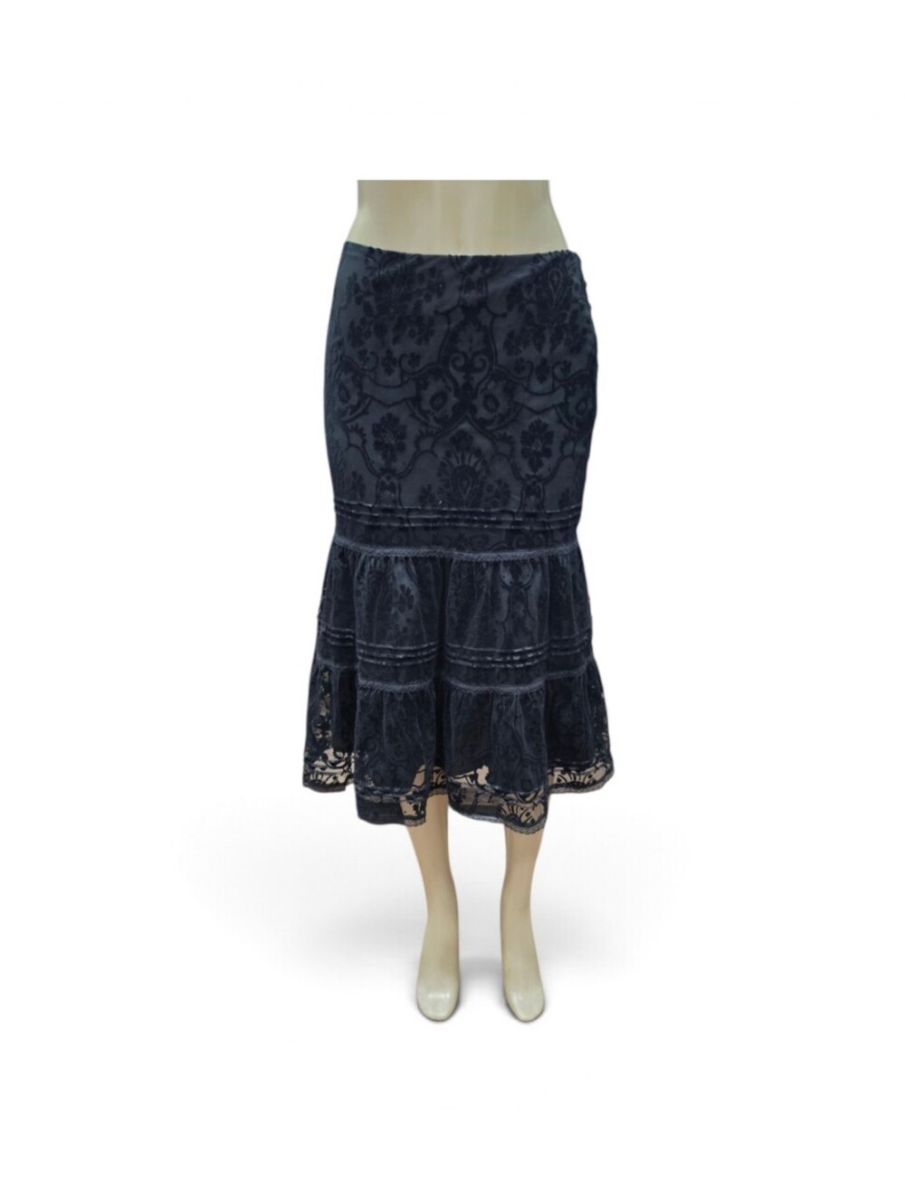 Vintage Express Black Burnout Velvet Tiered Flounce Skirt Lace Trim Size 1/2